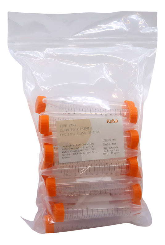 Tubo de Centrífuga de 15 mL tipo falcón, tapa plana Kabla - con 25 piezas