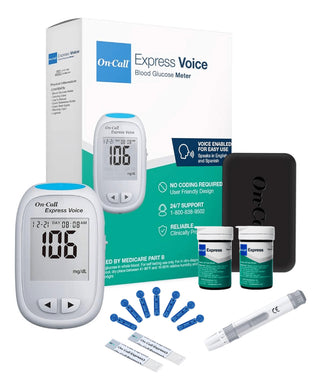 Kit On Call Express Voice - Medidor, 100 Tiras, 100 Lancetas, 1 Portalancetas