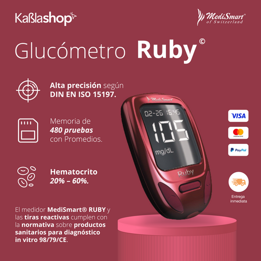 Kit Ruby Con Glucómetro, 100 Tiras, Lancetas Y Portalancetas