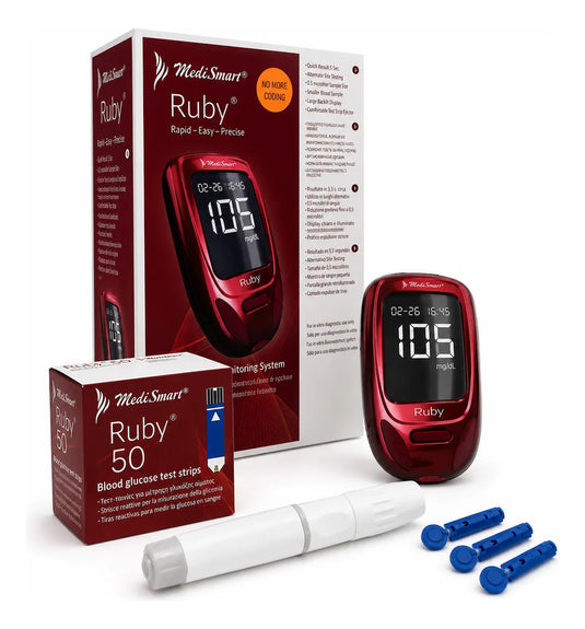 Kit Ruby Glucometro, 50 Tiras, 100 Lancetas Y 1 Disparador