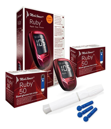 Kit Ruby Con Glucómetro, 100 Tiras, Lancetas Y Portalancetas
