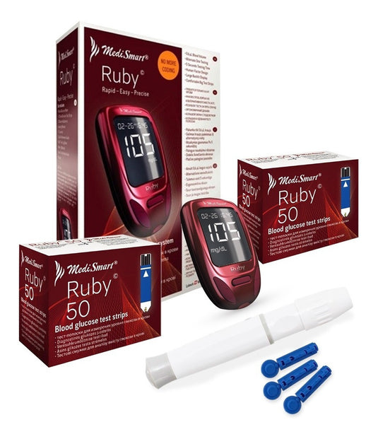Kit Ruby Con Glucómetro, 100 Tiras, Lancetas Y Portalancetas