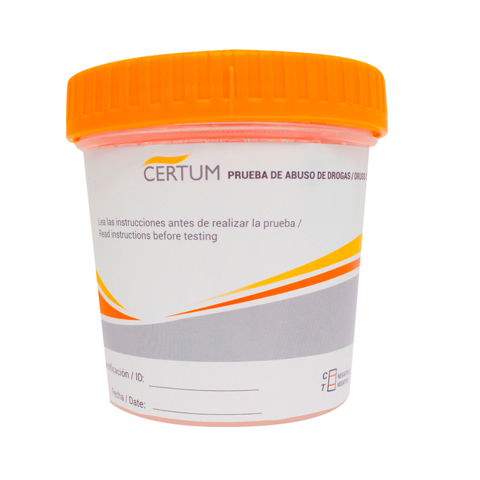 Frasco Simple Cup de 10 parámetros (AMP/COC/THC/MET/MOR/BZD/XTC/BAR/PCP/MTD) Certum - Kit con 25